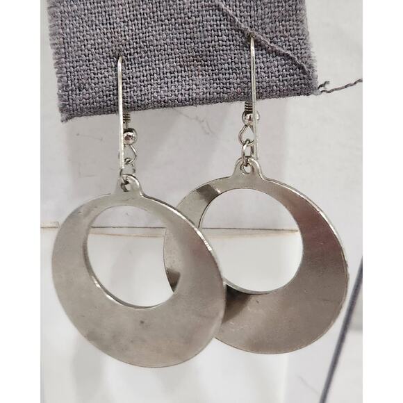 Silver Inlaid Abalone Shell Round Dangle Fish Hook Earrings 2.5 Inches Long - Picture 3 of 4